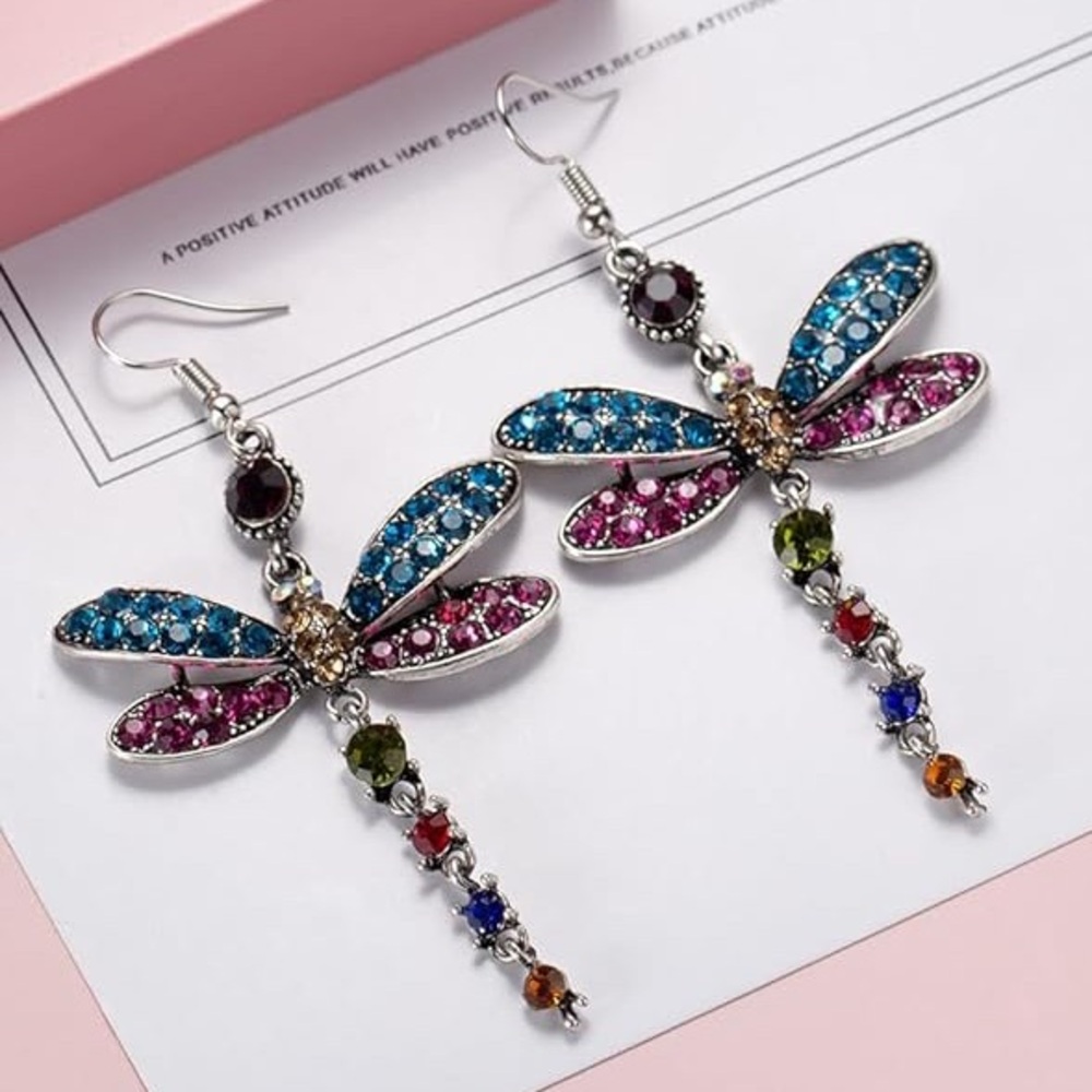 - 🦋Coloful Rhinestone embellished Dragonfly Hook Drop SilverTone dangle ea…